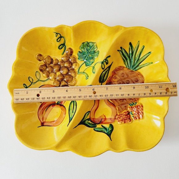 California Pottery Divided Platter, Yellow/Orange, Hand Painted Fruit Decor USA - Picture 9 of 10